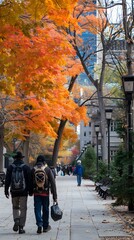 Two Men Walking on a Path Lined with Trees in Autumn