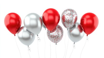 Set of luxury balloons in red and silver, arranged against a white background