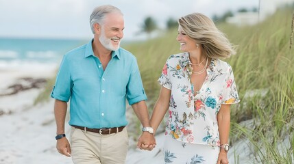 Wall Mural - Smiling Couple Walking Hand in Hand on the Beach