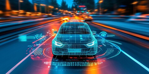 Poster - a self-driving car's sensor array, cameras, LIDAR, and radar systems working together for safe navigation