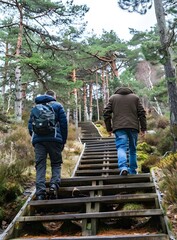 Canvas Print - Two Men Hiking Up Wooden Stairs in the Forest