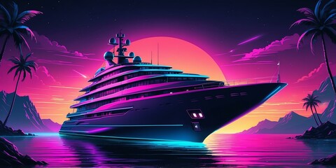 Wall Mural - synthwave illustration of a yacht for banner background