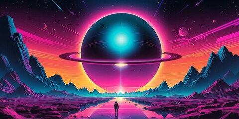 Wall Mural - synthwave illustration of a space odyssey background