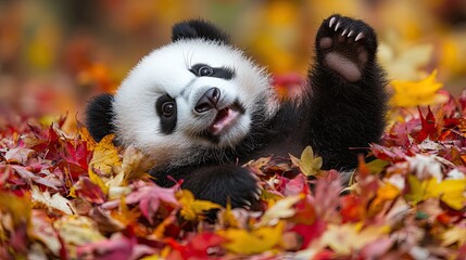 Wall Mural - Happy panda cub rolling from a pile of red and yellow autumn leaves in park