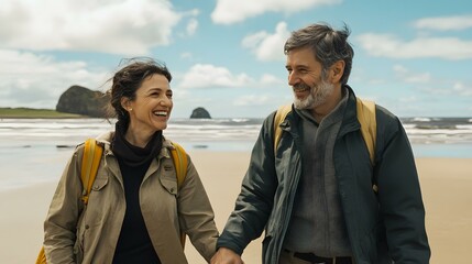 Wall Mural - Happy Couple Holding Hands and Walking on the Beach Together