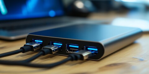 Wall Mural - Macro shot of a USB hub, multiple ports in use, devices connected, slim and sleek design, enhancing connectivity in minimal space