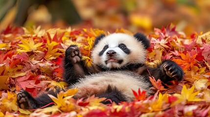 Wall Mural - Happy panda cub rolling from a pile of red and yellow autumn leaves in park