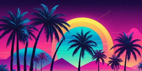 Wall Mural - synthwave illustration of a geometric palm background