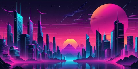 Wall Mural - synthwave illustration of a geometric city background