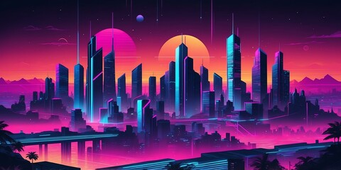 Wall Mural - synthwave illustration of a geometric city background