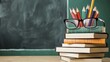 © Ingenious Buddy  - A stack of books with glasses and pencils on top set in front of chalkboard filled with equations, academic tools, literacy day, education
