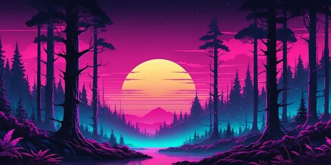 Wall Mural - synthwave illustration of a forest for banner background