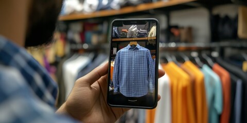 an AR shopping app, virtual clothing items overlaid on a live image of the user, enhancing online retail with try-before-you-buy technology