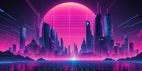 Wall Mural - synthwave illustration of a cyber grid for background
