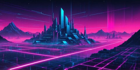 Wall Mural - synthwave illustration of a cyber grid for background