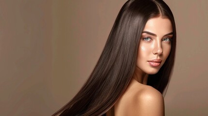 Poster - With her long, straight dark brown hair cascading down her back, the woman turns slightly, showcasing her natural beauty and captivating expression in warm afternoon light