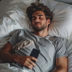 Poster - A tranquil young man rests comfortably on soft pillows, dressed in cozy pajamas, absorbed in his phone while enjoying a serene moment in bed
