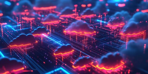 Aufkleber - cloud servers syncing with network devices, secure data transfer visualized with glowing pathways