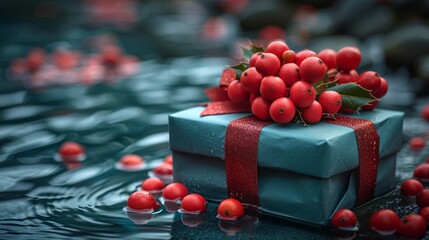 A beautifully wrapped gift adorned with bright red berries rests on a tranquil water surface surrounded by floating berries during the holiday season