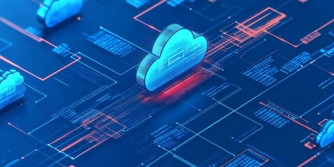 Wall Mural - a hybrid cloud setup, data being seamlessly transmitted between public and private clouds