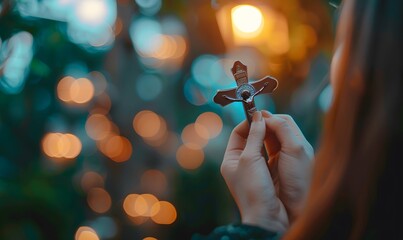 Woman's hand with cross .Concept of hope, faith, christianity, religion, church online.