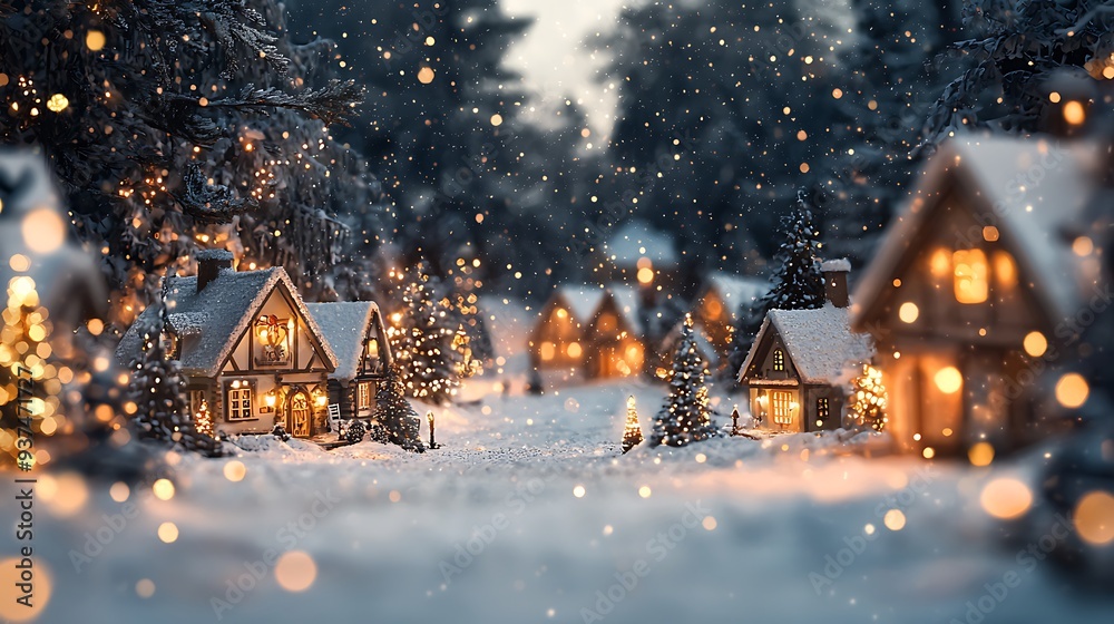 Winter wonderland village with snowfall and lights, creating a magical