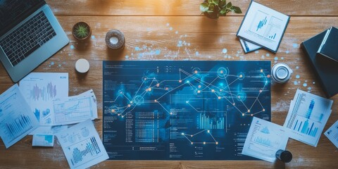 Aufkleber - a networking consultant's desk, strategy diagrams and performance reports for a large network deployment