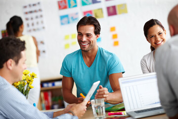 Aufkleber - Business people, office and staff meeting with tablet and social media management with strategy. Working, planning and teamwork with web and collaboration of designer group with tech and SEO design