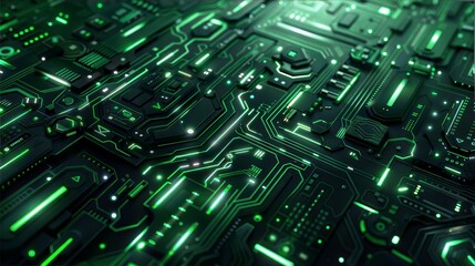 Poster - Futuristic Green Circuit Board with Glowing Lines Details and Complex Microchip Patterns