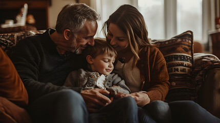 A loving family moment at home, with parents embracing their young child, creating a warm and intimate scene of togetherness and affection in a cozy living room.