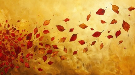 Aufkleber - Red and Orange Leaves Falling on a Gold Background
