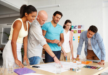 Poster - Business people, meeting and blueprint with discussion, teamwork and architecture group with notes. Design, working and planning with staff, architect strategy and brainstorming with house plan