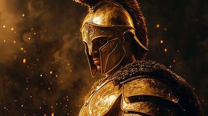 Ancient Greek warrior in golden armor with smoke and sparks, creating a dramatic and powerful representation of a legendary hero.