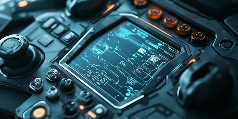 Focused view of a drone controller, joysticks and buttons in sharp detail, display screen active, controlling advanced aerial technology