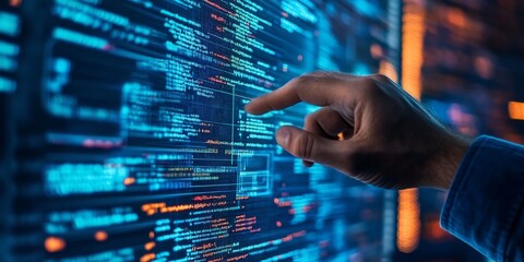 Poster - a developer reviewing a complex software architecture, code and diagrams side by side, highlighting system interactions