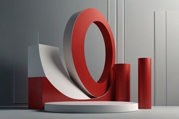 3d cylinder podium with red arch minimalist aesthetic studio background realistic vector illustration.