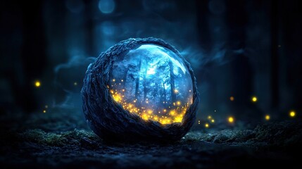 Wall Mural - A moonstone gemstone with a misty forest and glowing fireflies, evoking a sense of magic and mystery