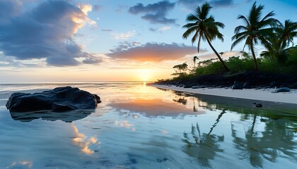 Peaceful beaches and black rocks, clear sea water, and coconut trees set off in the sunset, forming a leisurely natural landscape