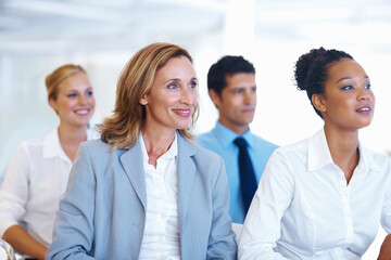 Aufkleber - business people, diversity and listening with corporate training, workshop and teamwork. group, audi