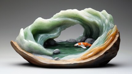 Wall Mural - A jade gemstone with a peaceful zen garden and koi pond, representing tranquility and balance