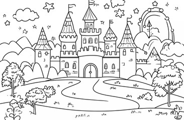 Wall Mural - A simple black and white vector-style outline of a cartoon coloring book page depicting a fairy tale castle with turrets