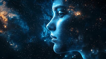 a creative fusion of human profile and cosmic elements, representing the harmony between humanity an