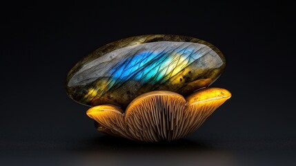 Wall Mural - A labradorite gemstone with a magical forest and glowing mushrooms, showcasing its enchanting play of colors