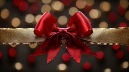 Poster - A festive red bow adorns a shimmering gold ribbon against a vibrant backdrop of blurred holiday lights creating a perfect decoration for celebrations