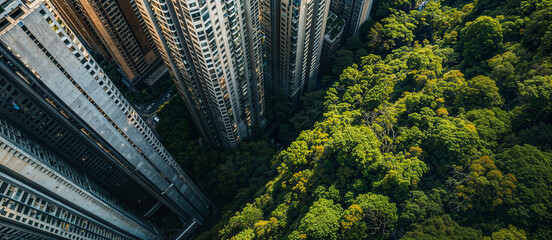 Aerial View of Towering Skyscrapers Surrounded by Lush Greenery in an Urban Area, Buildings meeting Trees showing Contrast between Nature and City