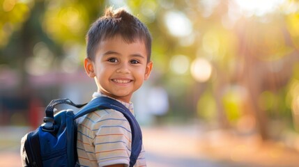 A smiling boy with a school bag goes to school