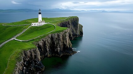 Wall Mural - Lighthouse tower rising above the cliffs, a symbol of height and guidance, with the vast sea as a backdrop, copy space for text,