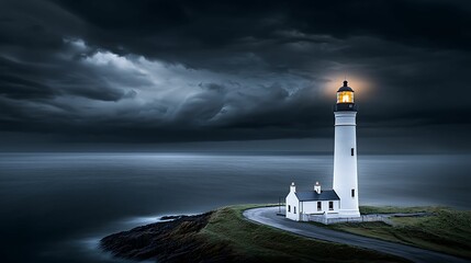 Wall Mural - Lighthouse tower standing against a dramatic sky, highlighting its height and iconic stature, copy space for text,
