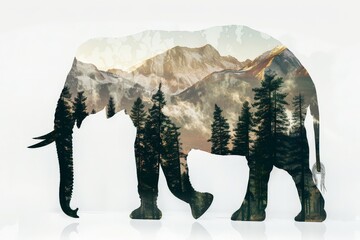 Double exposure of a elephant with mountain forest landscape on white background