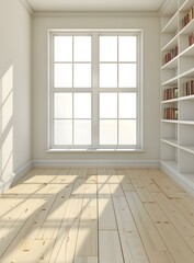 Canvas Print - Empty White Room With Bookshelves and Large Window